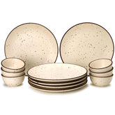 Handcrafted Ceramic Solid Dinner Set Of 12 - Beige | 6 Serving Dinner Plates, 10.6 Inch Each + 6 Small Dinner Bowls, 180ml Each | Stoneware - Dinnerware | Microwave & Dishwasher Safe